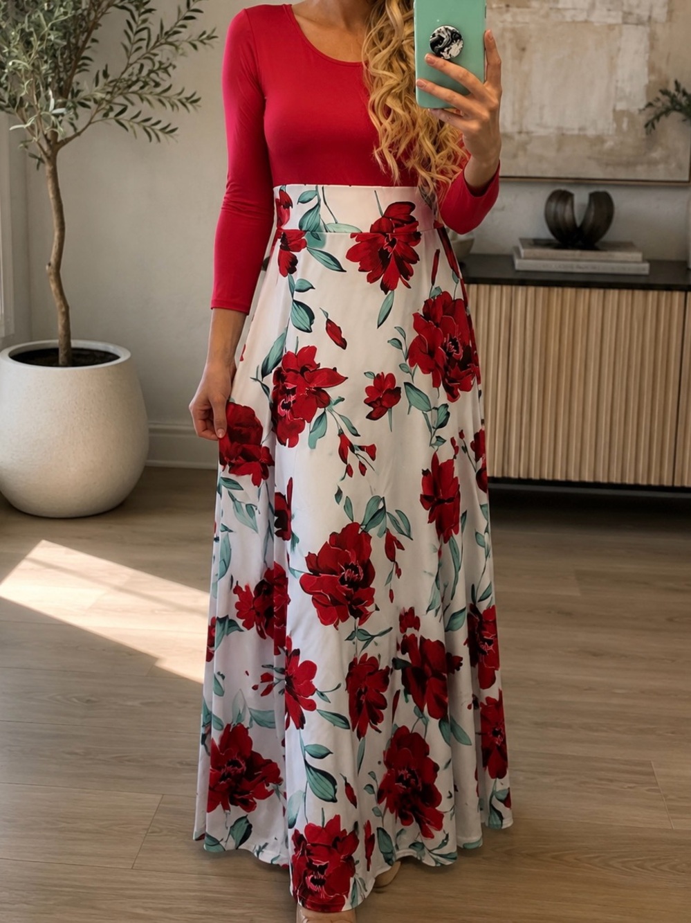 Red & White Floral A-Line Maxi Dress with Long Sleeves